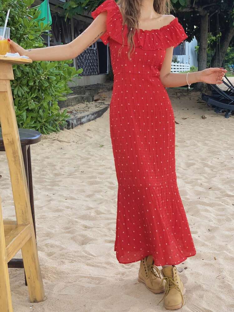 Women's Polka Dot Ruffle Hem Elegant Waist Dress