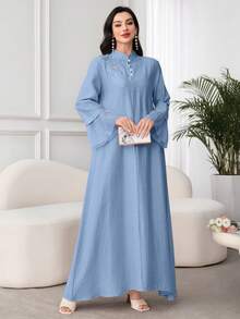 Al Najma Arabic Style Loose Long Sleeve Women's Dress With Patch, Stand Collar, Mesh Insert Fall Cloth For Women - Blue - View 7