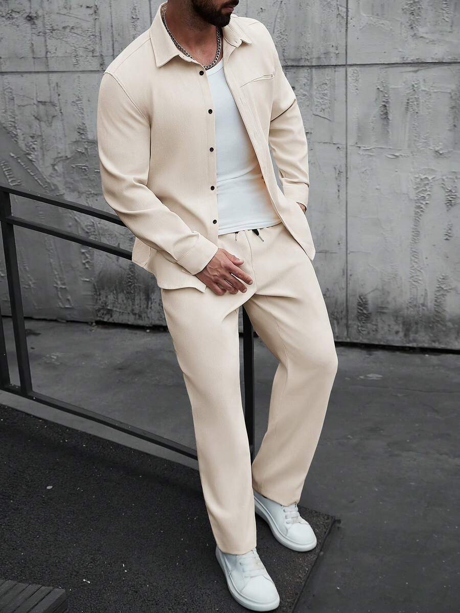 Manfinity CasualCool Bộ áo sơ mi dài tay cổ cài cúc và quần dài dành cho nam, thích hợp cho mùa thu/đông. - Màu be - Xem 1