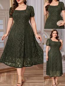 SHEIN Clasi Plus Size Solid Color Square Neck Short Sleeve Elegant Dress, Summer - Army Green - View 11