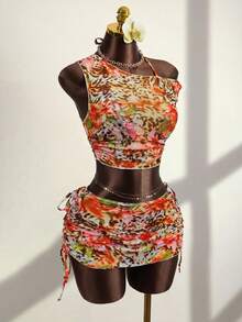 Zestiva Bộ bikini 4 mảnh gợi cảm họa tiết da báo, hở lưng, buộc dây, thích hợp cho bãi biển và kỳ nghỉ dành cho nữ. - Nhiều màu - Xem 7