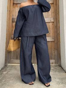 Dazy Plus Bộ đồ denim màu tối gồm 2 món: Áo denim dáng rộng trễ vai và quần jeans ống rộng, thích hợp cho mùa xuân/thu. - Rửa tối - Xem 4
