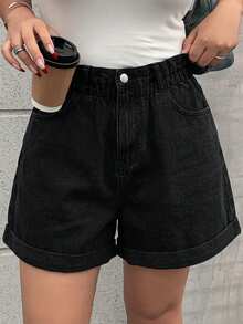 Dazy Plus Elastic Waist Loose Wide Leg Cuffed Washed Blue Denim Shorts, Summer - Black - View 5