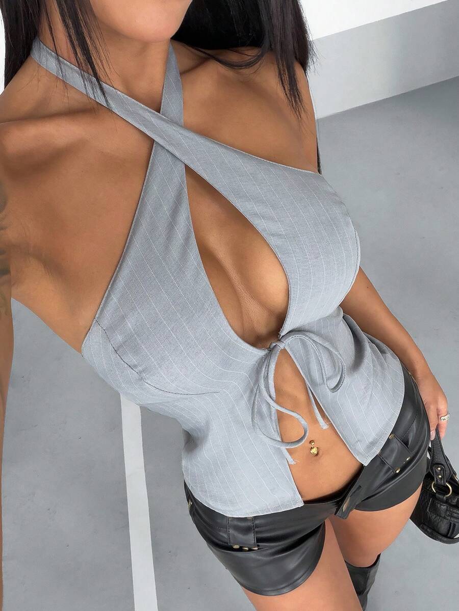 StreetHx 2000s Style Casual Striped Asymmetric Collar Blouse For Women, Spring/Autumn Streetwear - Grey - View 1
