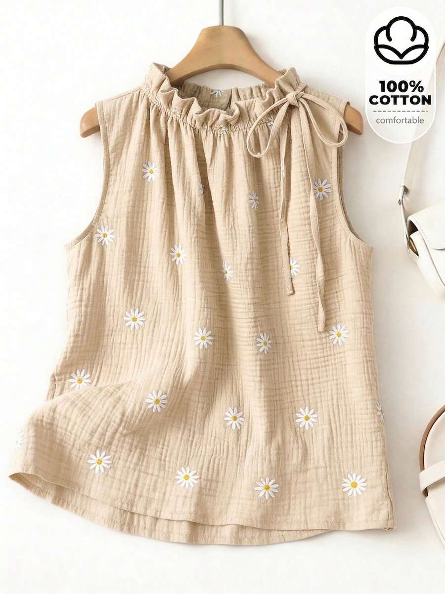 SHEIN Franclia Áo nữ không tay họa tiết hoa nhí, cổ bèo nhún, kiểu dáng thường ngày, thích hợp cho mùa hè. - Màu Khaki - Xem 1