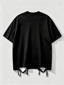 ROMWE MEN Essentials 2026 Spring, Summer, Autumn Casual Round Neck Short Sleeve T-Shirt, Unisex Couple Matching Design, Women's Distressed Round Neck Tee - Black - View 2