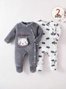 SHEIN Baby Boys' Minimalist Cat Print Long Sleeve Button-Up Jumpsuit And Pants 2 Pieces Loungewear Set - Grey - View 5