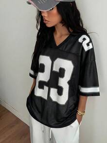 Coolane 男女夏季街头风 Y2K 可爱演唱会图案数字宽松 V 领 T 恤 - 黑色 - 查看 5