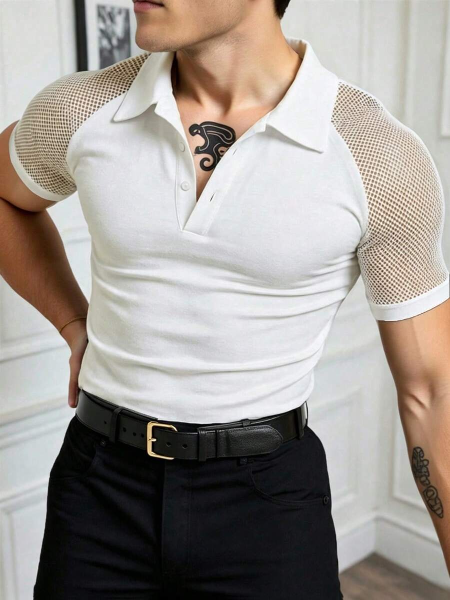 Manfinity Homme Men's Raglan Sleeve Short Sleeve Half-Placket Casual Hollow Patchwork Polo Shirt For Summer - White - View 1