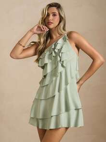 Enchnt Vestido de verano elegante de un solo hombro con volantes y espalda descubierta de unicolor para mujer - Verde - Ver 8
