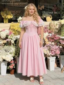 SHEIN MOD Đầm hồng trễ vai phối ren lãng mạn cỡ lớn dành cho nữ, thích hợp cho Lễ Tình nhân, Đám cưới, Đầm thanh lịch, Đầm dự tiệc cưới cho nữ, Trang phục xuân/hè, Trang phục dự tiệc trà cho nữ, Đầm phong cách Cottagecore, Ngày lễ, Sinh nhật, Đầm dự tiệc trà lễ hội, Đầm sinh nhật, Đầm thanh lịch, Trang phục đi nghỉ mát cho nữ, Đầm hồng, Dáng ôm, Đầm dự tiệc trà hồng, Đầm dự tiệc ngoài trời trang trọng, Đầm dài màu hồng - Hồng - Xem 10