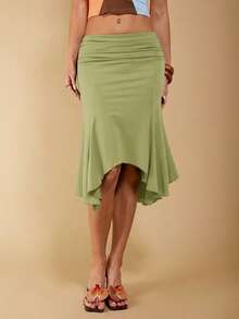 COSMINA Women's Elegant Casual Tropical Asymmetrical Ruched Brown Skirt, Suitable For Summer And , Mermaid Women, Trumpet Fishtail Vacation Sage Green - Green - View 7