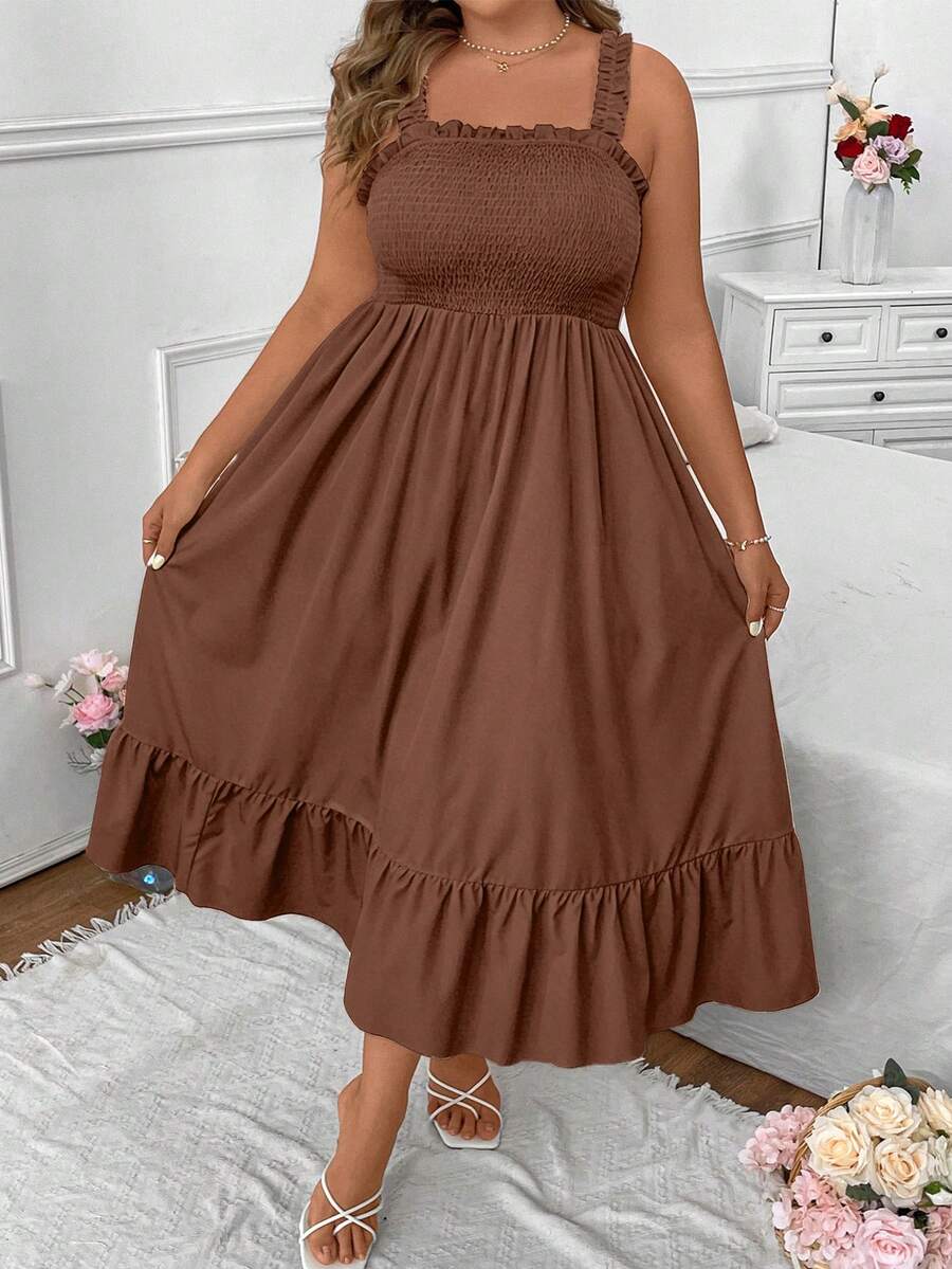 Vionelle Plus Size Women Solid Color Ruched Fashionable Date Party Dress - Rust Brown - View 1