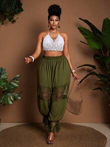 Maweii Plus Size Women Lace Patchwork Pleated Casual Versatile Daily Wear Lantern Pants - Dark Green - View 6