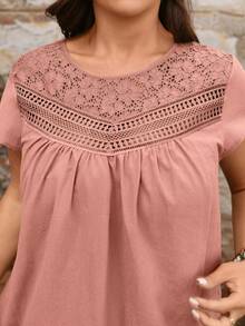 EMERY ROSE Bộ đồ 2 mảnh dành cho nữ cỡ lớn, kiểu dáng thường ngày mùa xuân sớm, họa tiết hoa ren phối màu xanh lá cây, áo tay ngắn và quần short. - Hồng - Xem 5