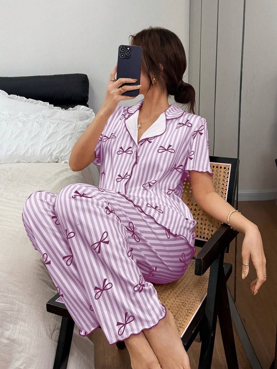 Napfluff Striped Bow Print Contrast Trim Women Pajama Set - Purple - View 1