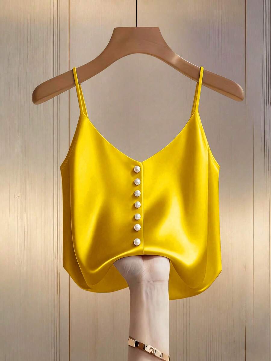 SHEIN Franclia 女士优雅简约纯色缎面仿珍珠吊带背心,夏季 - 黃色 - 查看 1