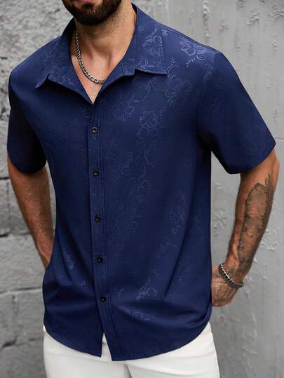 EGENSIO Plus Size Men's Navy Blue Floral Print Front Button Short Sleeve Shirt