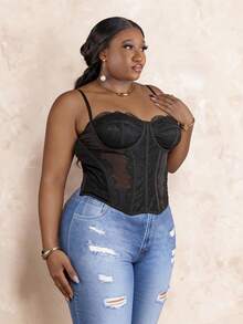 CurvyTilda Plus Lace Panel Bustier Cami Top, For Hourglass Body Shape, For Body Shape, For Summer - Black - View 4