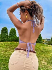 Breezaya Áo vest hở lưng cổ yếm móc thủ công, kiểu dáng khoét rỗng, buộc dây, gợi cảm, thích hợp cho kỳ nghỉ. - Màu tím hoa cà - Xem 2