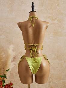 Bellisia Women's Solid Color Ruched Halter Tie Tankini Top And Triangle Bottoms Swimwear Set, Suitable For Summmer Holiday Beach Light Green Boho - Multicolor - View 2