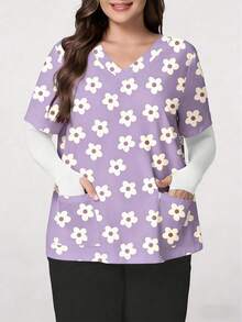 TaskEZ Plus Size Floral Print Short Sleeve Uniform Top - Multicolor - View 1