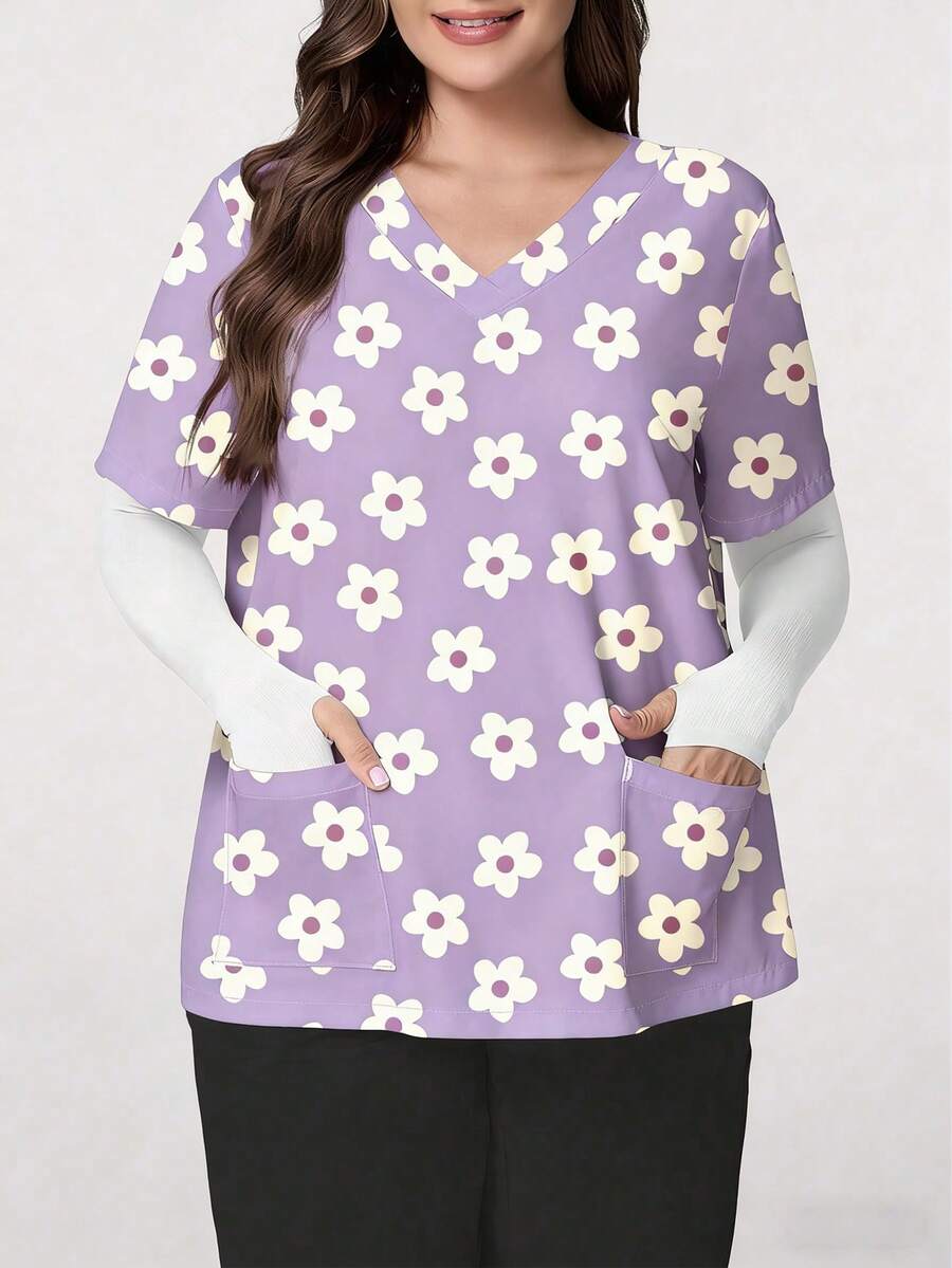TaskEZ Plus Size Floral Print Short Sleeve Uniform Top - Multicolor - View 1