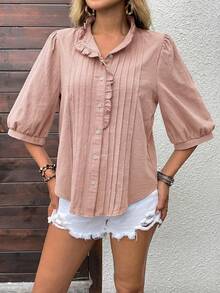 EMERY ROSE Plus Size Solid Color Turtleneck Long Sleeve Shirt - Pink - View 3