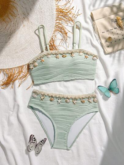 Green Wavy Texture Fabric Girls Swimsuit Set, 2 Pieces Suitable For Vacation, Summer, Beach, Holiday, Swimming Pool Party