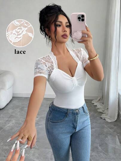 Elenzga Women's Fashion V-Neck, Lace Patchwork, Knitted Fabric Short Sleeve T-Shirt, Suitable For Party, Date, Dinner, Wedding Season, Festivals, Everyday Casual Wear, Commuting, And Vacation