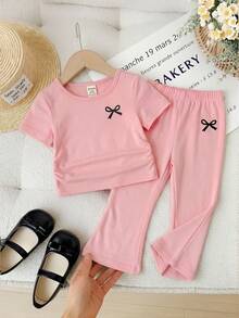 SHEIN Bộ đồ thường ngày cho bé gái: Áo thun ngắn tay in nơ và quần ống loe. - Hồng - Xem 9