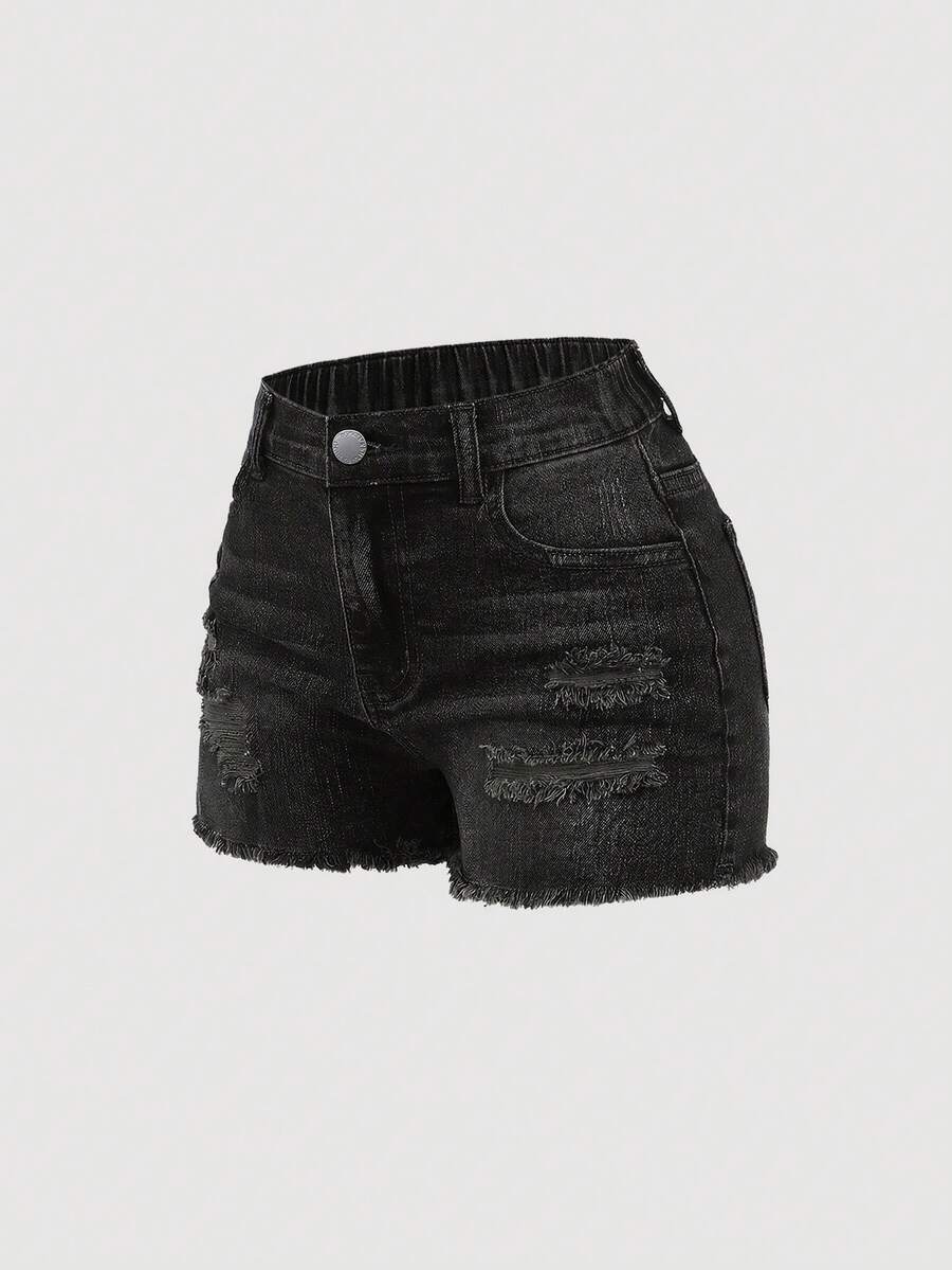 Girlism Tween Girl Y2K Spring Summer Break Washed Low Waist Ripped Raw Hem Denim Mini Shorts,Summer Boho Beach Concert Rave Festival Dailywear Spring To Summer Rave Festival And Streetwear - Black - View 1