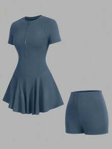 CourtClass 女士纯色短袖运动连衣裙配短裤 - 藍色 - 查看 7