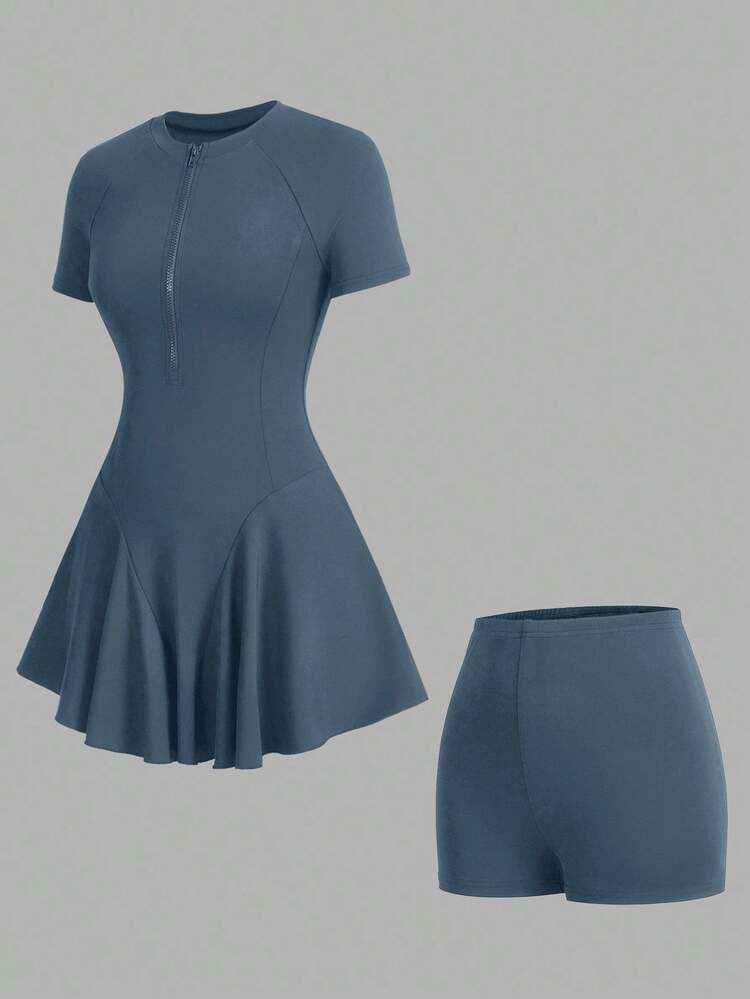 CourtClass CourtClass Women's Solid Color Short Sleeve Sports Dress With Shorts - Blue - View 7