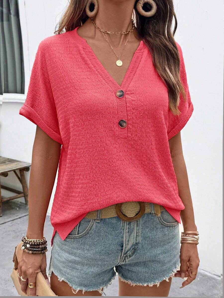 EMERY ROSE Women's Solid Color Button Design Short Sleeve Casual T-Shirt Vacation Red Summer - Red - View 1