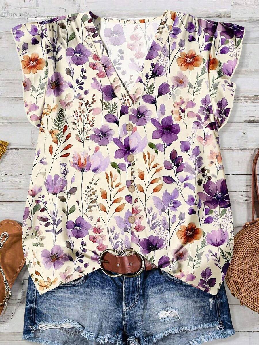Purple Floral Print Casual Loose Shirt, Suitable For Summer - Multicolor - View 1