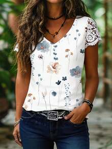 EMERY ROSE Camiseta casual de mujer con cuello en V, manga corta, estampado floral y encaje, para el Día de la Madre, camisetas gráficas de verano para mujer - Blanco - Ver 1