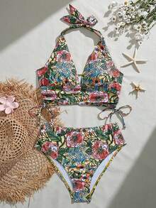 Swim Basics 热带印花露背比基尼泳装套装，休闲，适合夏季海滩度假 - 彩色 - 查看 4