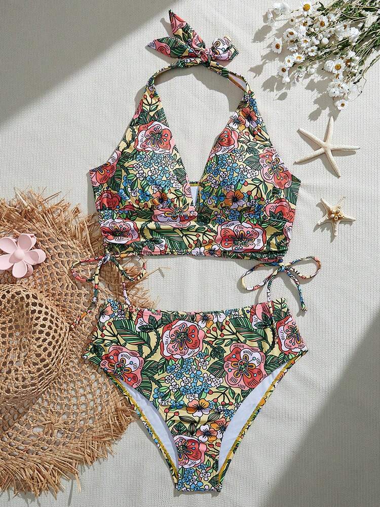 Swim Basics Conjunto de Maiô Bikini Tankini com Estampa Tropical, Alças no Pescoço e Abertura Nas Costas, Casual, Para Praia e Férias de Verão - Multicolorido - Visão 4