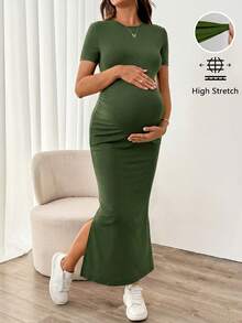SHEIN 夏季孕妇休闲纯色短袖修身连衣裙 - 軍綠色 - 查看 5