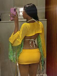 StreetHx Streetwear Tropical Women's Solid Color Off-Shoulder Cropped Fringe Long Sleeve Sweater Top, Autumn, Vacation Outfits Women, Beach Outfits - Yellow - View 2