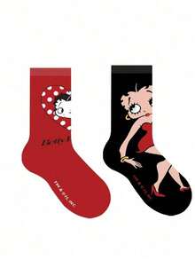 Betty Boop | ROMWE Bộ đôi tất Betty Boop màu đỏ và đen, gồm hai đôi, tất ống cỡ trung bình, rất thời trang và đa năng. - Đỏ - Xem 7