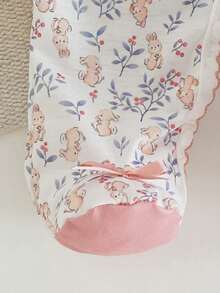 Pelele de verano para bebé niña recién nacida con estampado de conejo y flores y diadema rosa, mono elegante y lindo con piecitos para bebé - Rosa Pálido - Ver 7