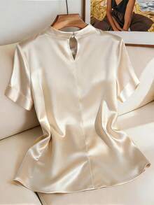 GlowEve CURVE Plus Size Women's Elegant Champagne Summer Formal Work Satin Blouse,French Office V-Neck Short Sleeve Pullover,Luxurious Knot Metal Button Decor Top - Apricot - View 2