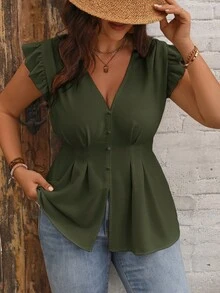 Vionelle Plus Ruffle Trim Button Front Blouse Peplum Top Office Army Green Summer Casual - Army Green - View 4