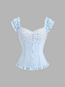 Sweetra 女士蓝色衬衫，甜美荷叶边领，泡泡袖设计，收腰设计，适合度假和休闲穿着 - 藍色 - 查看 1