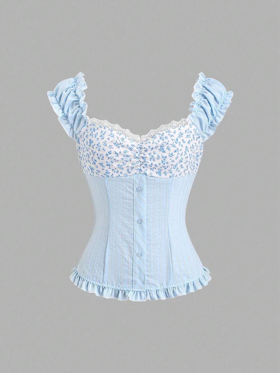 Sweetra 女士蓝色衬衫，甜美荷叶边领，泡泡袖设计，收腰设计，适合度假和休闲穿着 - 藍色 - 查看 1