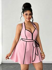Maweii Plus Size Sexy Contrast Trim Halter Romper - Pink - View 3