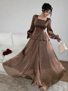 DAZY Elegant Satin Brown Round Neck Blouse And Long Skirt 2 Pieces Set, Spring/Summer - Brown - View 8