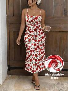 Lounesse Vestido ajustado con cordón en la cintura para mujer de talla grande, Vestido de talla grande con estampado floral, Vestido sexy y romántico de talla grande, Vestido de talla grande con estampado de rosas florales para uso diario - Multicolor - Ver 1
